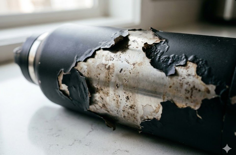 Damaged metal water bottle with peeling coating caused by dishwasher high heat