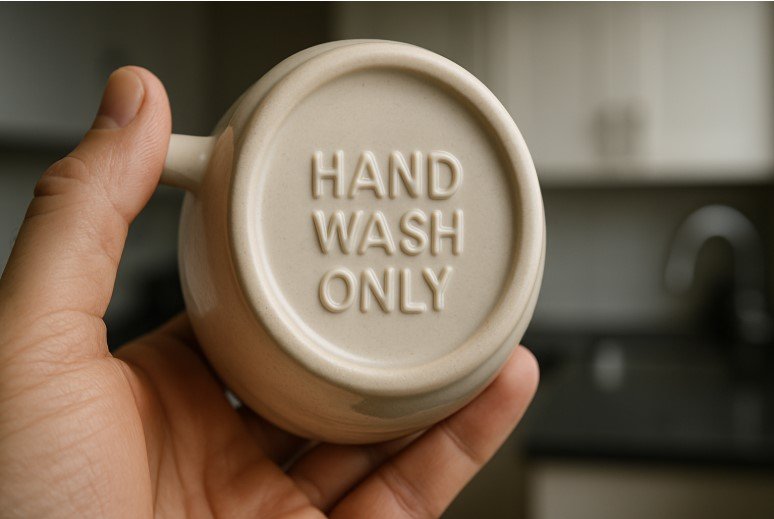 Checking dishwasher safe symbol on ceramic mug bottom