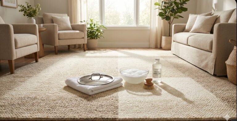 6677 "Supplies for cleaning a rug without a carpet cleaner, featuring a pot lid wrapped in a microfiber cloth and vinegar solution on a living room rug."