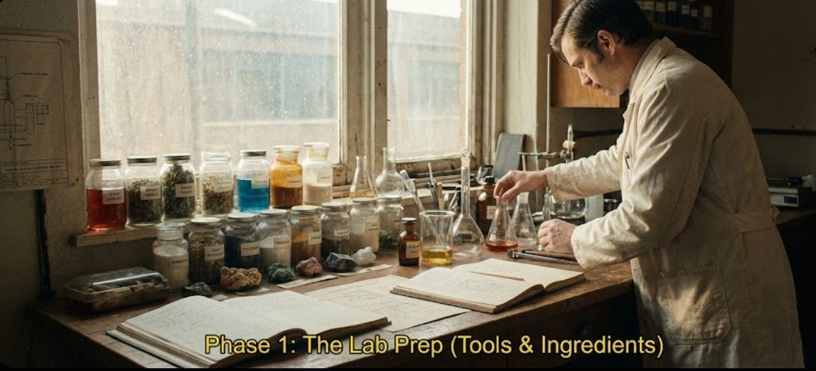 A cinematic high quality shot of a laboratory workbench displaying cleaning tools and ingredients arranged with scientific precision. Glass beakers spray bottles and microfiber cloths are illuminated science-cleaning-walls-micelles.jpg