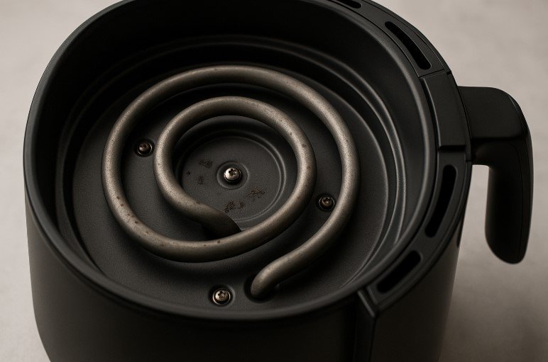Air fryer heating coil with grease build-up