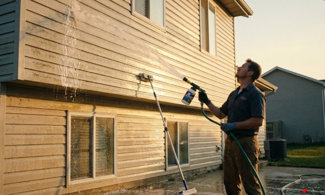 Cleaning house siding with garden hose attachment