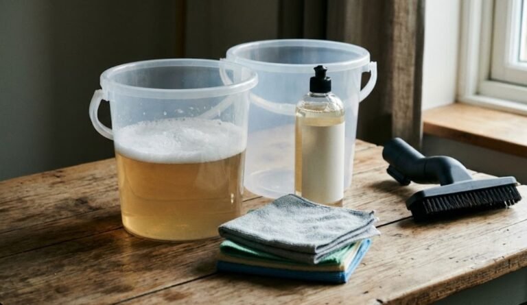 Cleaning supplies arranged for the Micro Emulsion Swab Technique featuring two buckets mild dish soap and microfiber cloths to clean walls without removing paint Cleaning supplies arranged for the Micro-Emulsion Swab Technique, featuring two buckets, mild dish soap, and microfiber cloths to clean walls without removing paint.