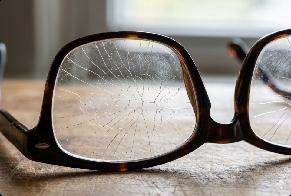 Close-up of damaged eyeglass lenses with cracked coating and warped frames due to heat