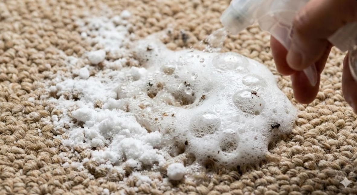 Close up view of baking soda and vinegar creating a foamy chemical reaction on carpet fibers to lift dirt without a carpet cleaner Baking soda and vinegar creating foam on carpet