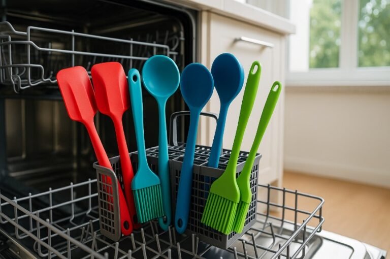 Colorful silicone utensils inside dishwasher rack