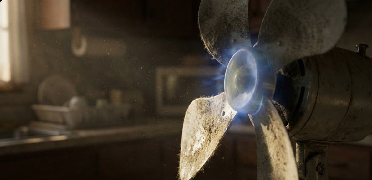 Dirty fan blades covered in grime with a visible static electric spark illustrating why dust sticks to the surface Dirty fan blades covered in grime with a visible static electric spark illustrating why dust sticks to the surface.
