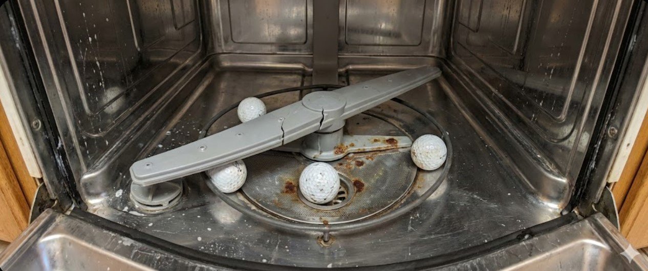 Dishwasher spray arm cracked and golf balls lodged near the drain filter due to washing heavy items Dishwasher spray arm cracked and golf balls lodged near the drain filter due to washing heavy items