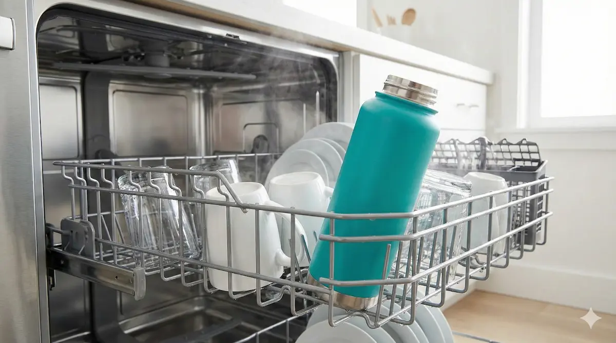 Stainless steel insulated water bottle inside dishwasher top rack with steam