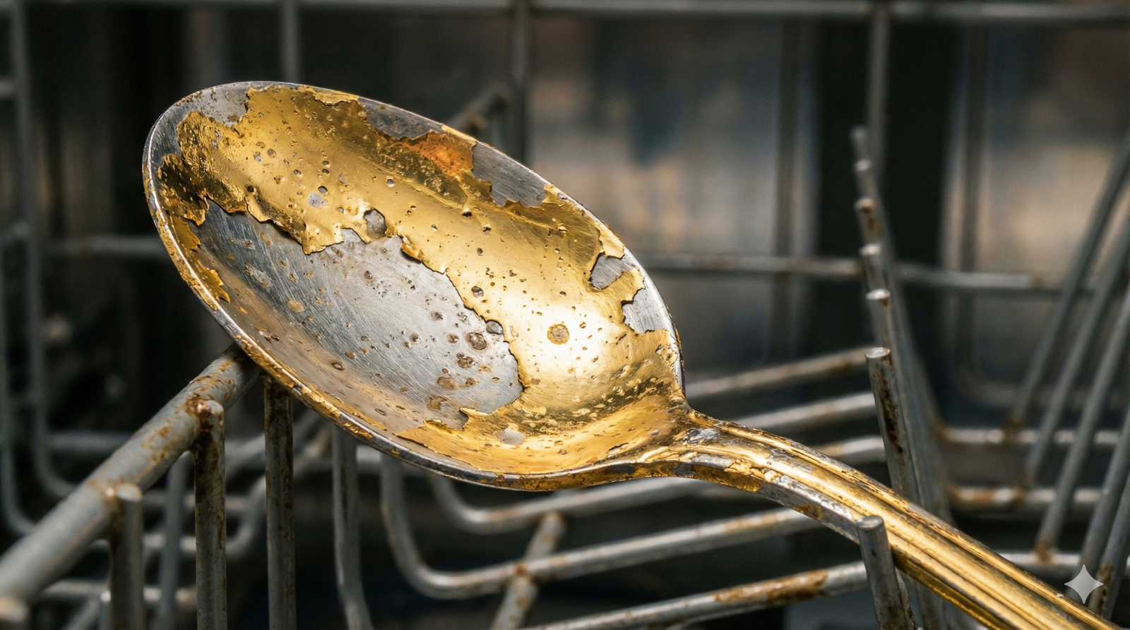 Damaged gold plated spoon with faded plating from dishwasher
