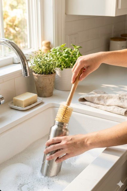 Hand washing stainless steel bottle using a bottle brush in a kitchen sink