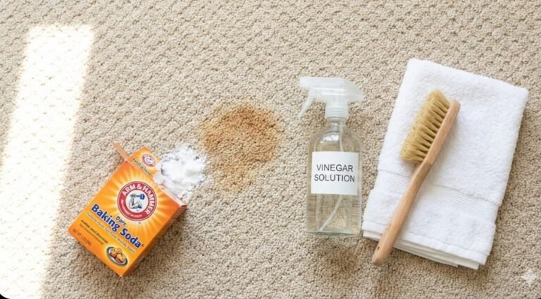 Household cleaning supplies including baking soda vinegar spray and a brush arranged next to a carpet stain demonstrating how to clean carpet without a machine using DIY methods Household cleaning supplies including baking soda, vinegar spray, and a brush arranged next to a carpet stain, demonstrating how to clean carpet without a machine using DIY methods.