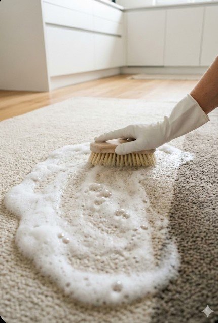 Manual deep cleaning of a rug using a soft-bristle brush and mild surfactant solution, demonstrating a machine-free rug cleaning method.