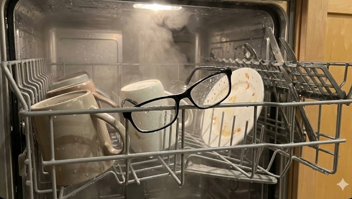 Pair of eyeglasses sitting on the top rack inside a dishwasher next to dishes