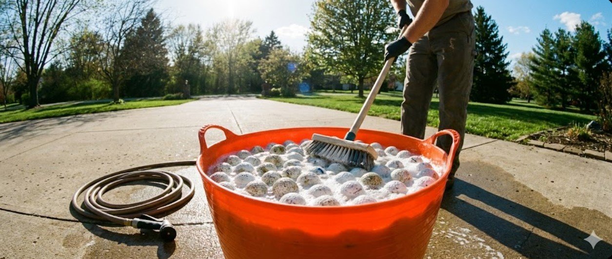 Person cleaning a large batch of golf balls in a bucket of soapy water outdoors with a brush Person cleaning a large batch of golf balls in a bucket of soapy water outdoors with a brush