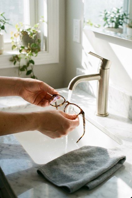 Person gently hand washing eyeglasses under lukewarm running tap water with mild soap