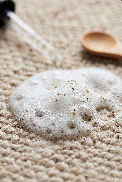 Proper drying protocol for a cleaned rug Fan and open windows increasing airflow to prevent mold and mildew growth after a manual deep clean Close-up showing the effervescence of baking soda and vinegar cleaning solution lifting dirt from rug fibers.