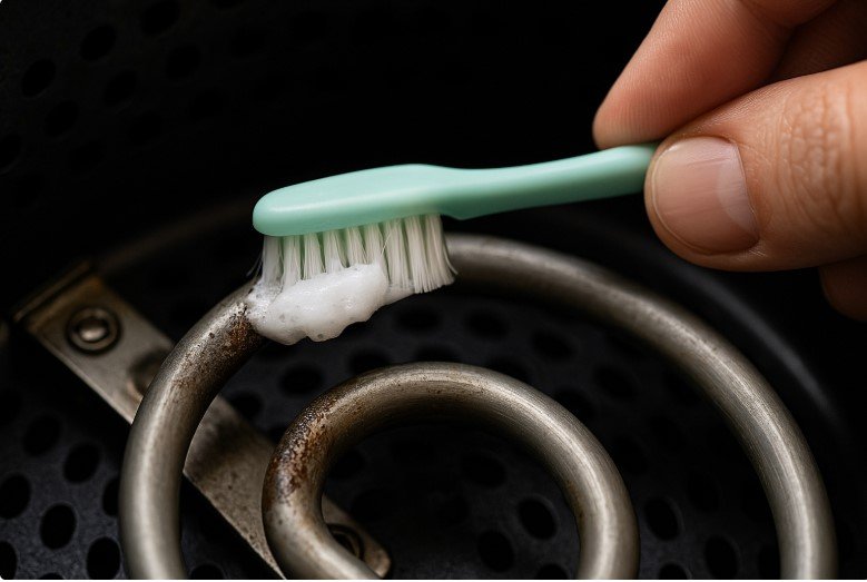 Scrubbing air fryer element with toothbrush