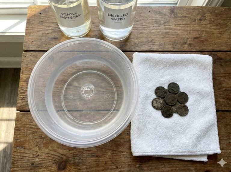 Supplies for cleaning coins safely including a plastic bowl of water and dish soap a soft cloth and dirty coins on a table "Supplies for cleaning coins safely, including a plastic bowl of water and dish soap, a soft cloth, and dirty coins on a table."