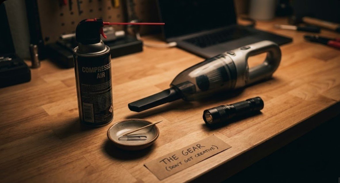 Laptop cleaning tools including compressed air, vacuum, flashlight, and toothpick