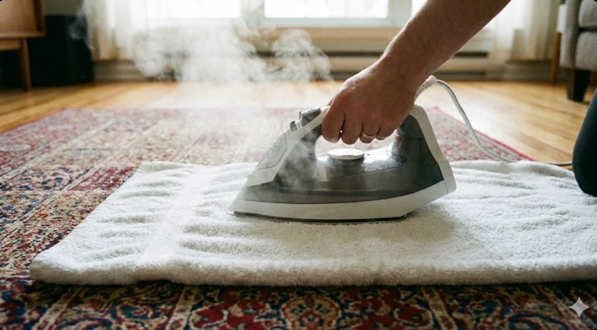 ff Steam iron on towel over carpet
