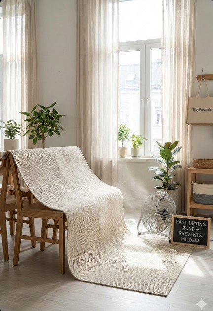 g Proper drying protocol for a cleaned rug: Fan and open windows increasing airflow to prevent mold and mildew growth after a manual deep clean.