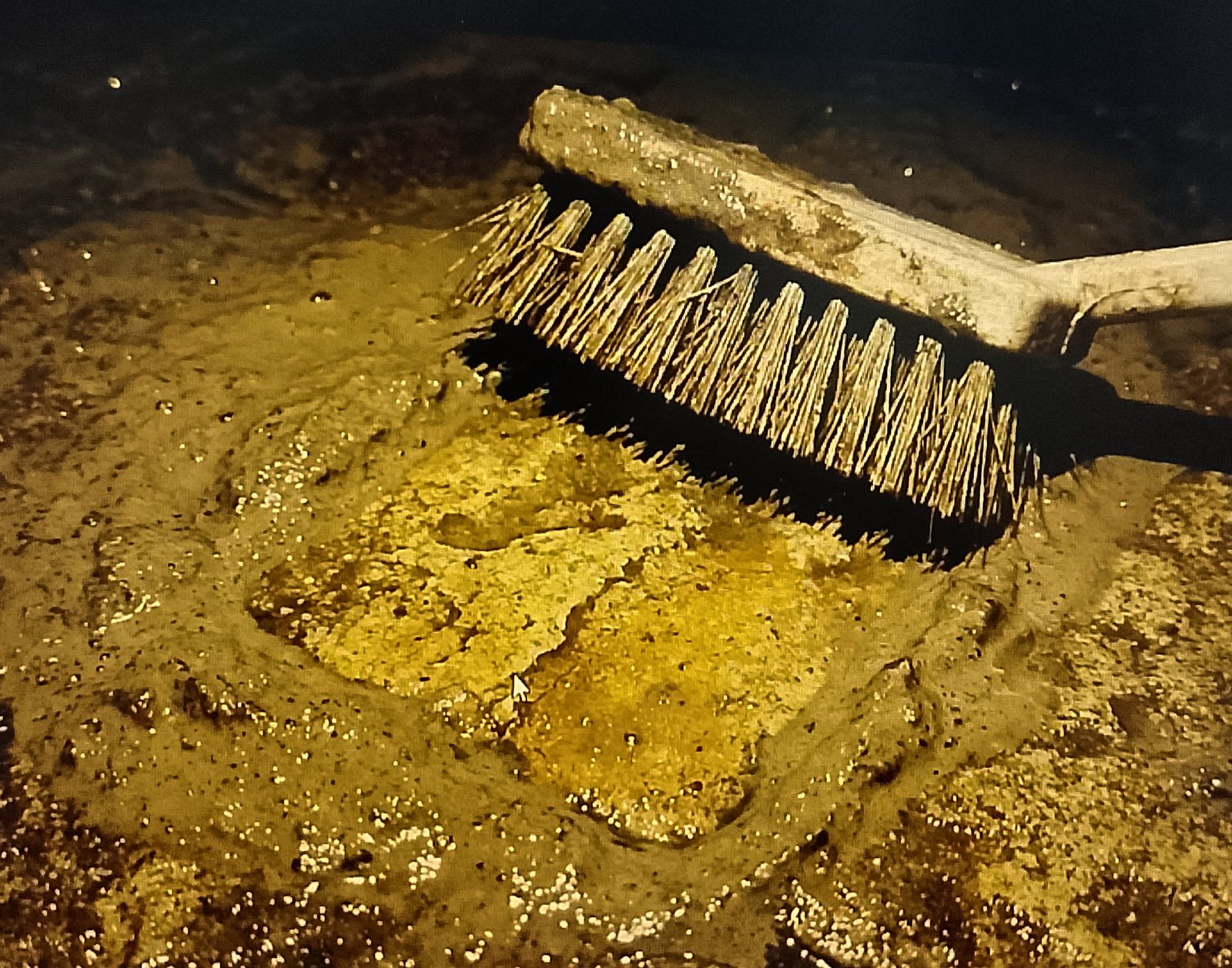 "Close up of the bristles cutting through the grey sludge. Underneath, the stone looks brand new. It’s satisfying."