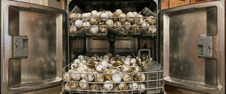 يي Wide view of many dirty golf balls covered in mud inside a residential dishwasher racks