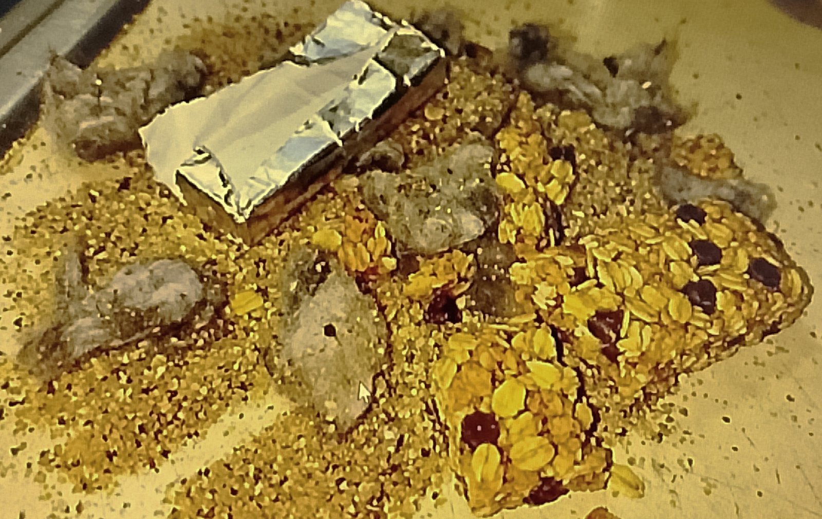 Backpack confetti debris on counter