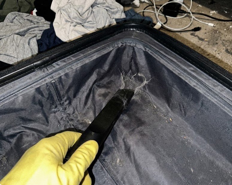 The Dry Vacuuming the interior and exterior of a Travelpro suitcase to remove dry dust