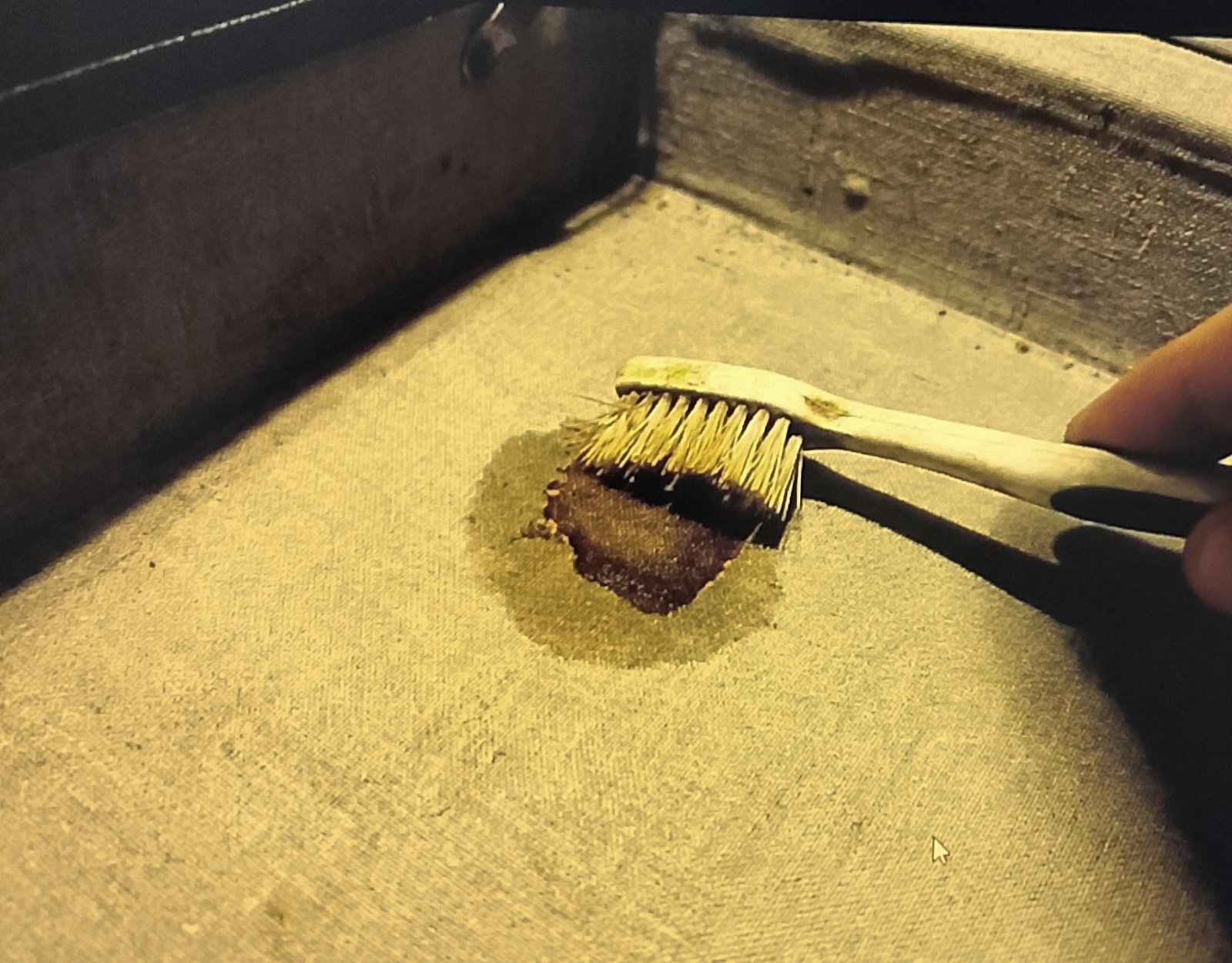 touthbrush sceubbing coffee stain Scrubbing interior luggage stain with a toothbrush