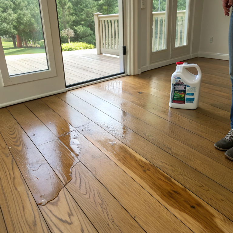 Oak hardwood floor with one faint stain beside a cleaner section