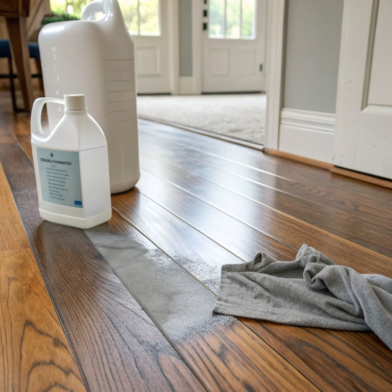 Hardwood floor boards partly cleaned with dull residue on one side