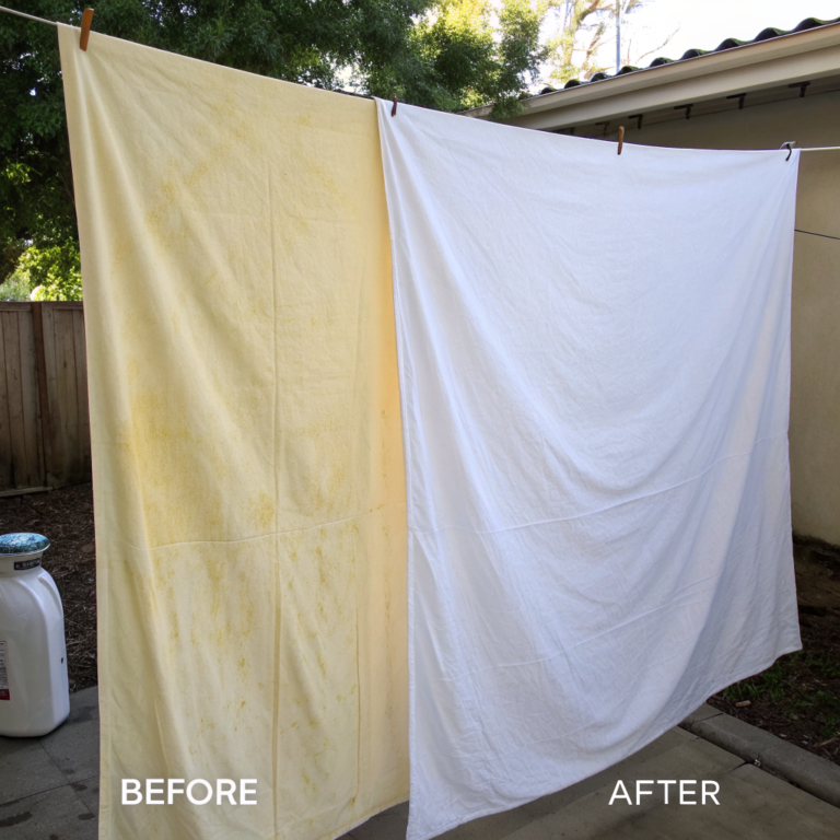 White cotton sheet with yellow staining on one side and brighter fabric beside it