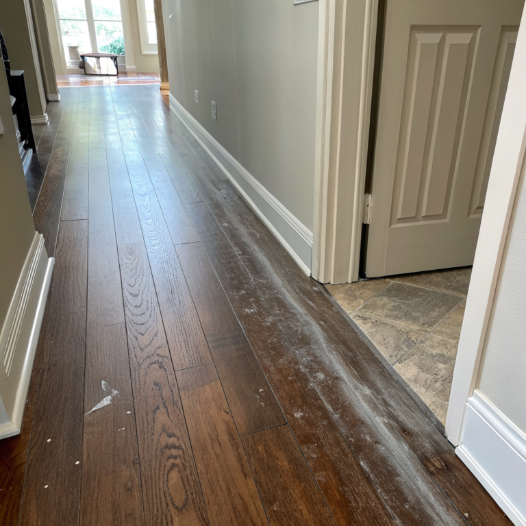 Dull hardwood floor with gray dust film and faint scuff marks near wall
