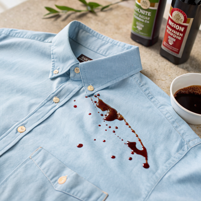 Dark soy sauce stain spreading across the front of a light shirt