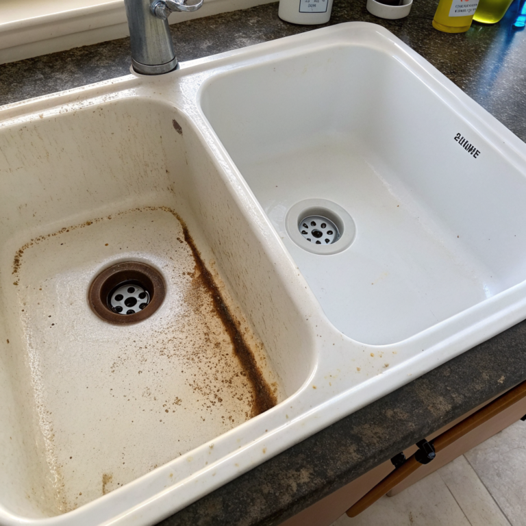 Sink drain with brown grime on one half and cleaner ceramic on the other