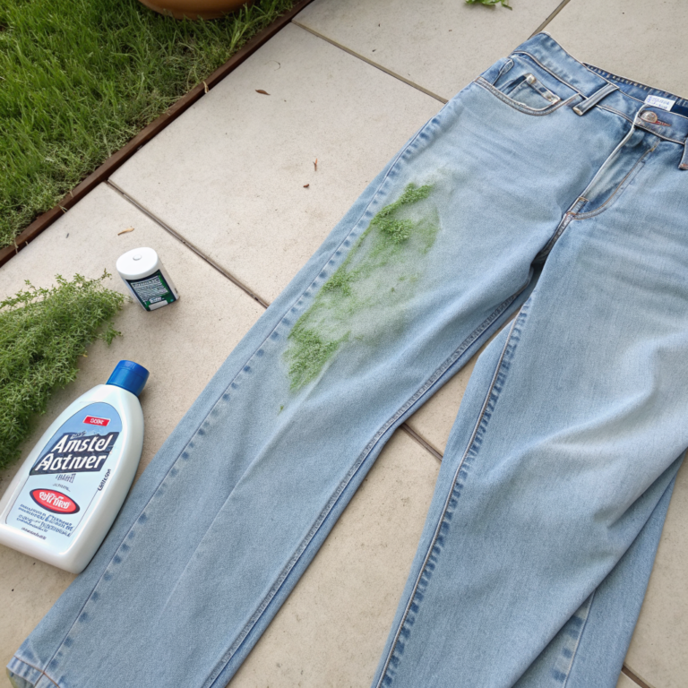 EQ0DdWW0Bzwn0q0Q3sAN6 5qzUy0aX Denim fabric with green stain on one side and cleaner fabric beside it