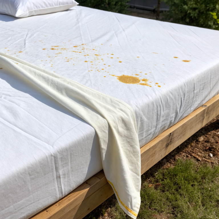 White cotton bed sheet with yellowed staining near the center fold