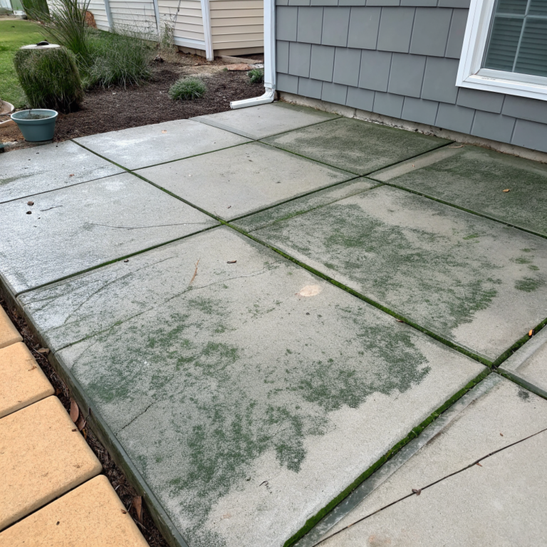 FtvQipzXJaeuT bXNuIFW 6W8HZjH8 Gray cement patio with dark mildew streaks and dull surface grime