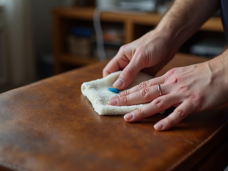 HvQ0tEYPHDz7 7kqM6C9 Close-up of a leather cleaning cloth and conditioner bottle on a table