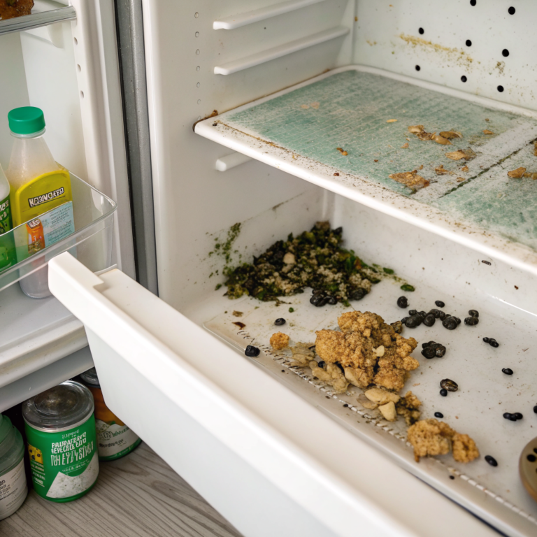 LXG5jiqvWL pmU T4ZFrP 0EY7wW7u Refrigerator shelf with dark mold spots and dried food residue near back edge