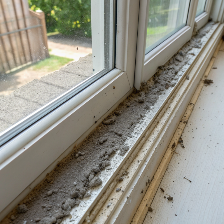 MjPS5mhFoOfXNUCvcAIaN aVnogxtB Aluminum window track packed with gray dust and dirt buildup