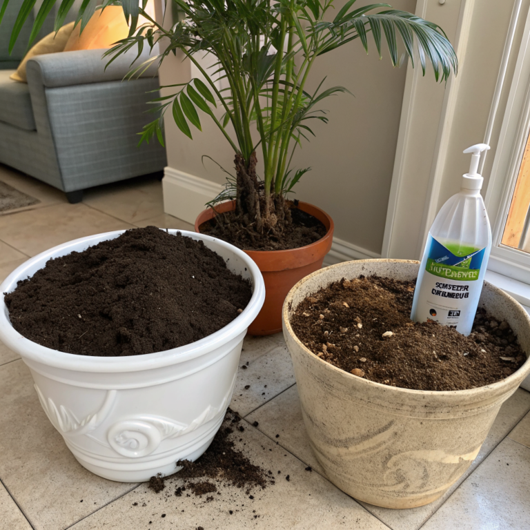 Potting soil half moist and half dry with fewer visible gnats