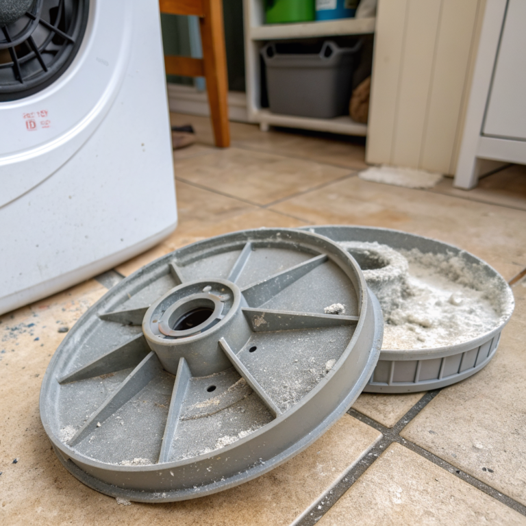 Gray impeller disc at washer drum floor coated in soap-scum film