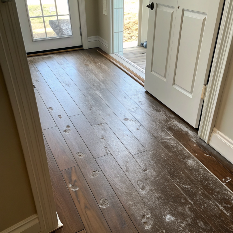 Dusty hardwood floor boards with dull grey film near a doorway
