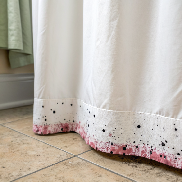 White fabric shower curtain with pink and black mildew speckles near hem