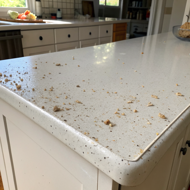Dusty kitchen counter with scattered crumbs before wiping