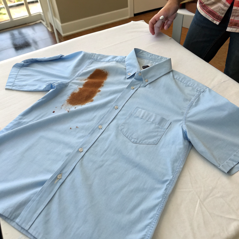Soy sauce stain on shirt fabric next to a cleaner treated area