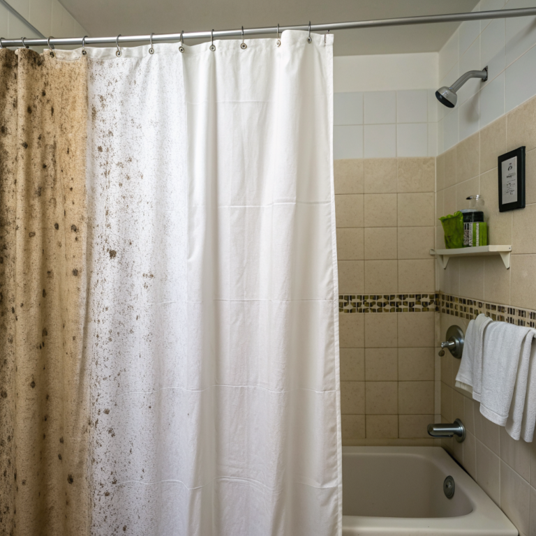 Fabric shower curtain hem, mildew spots on one side, cleaner fabric beside it